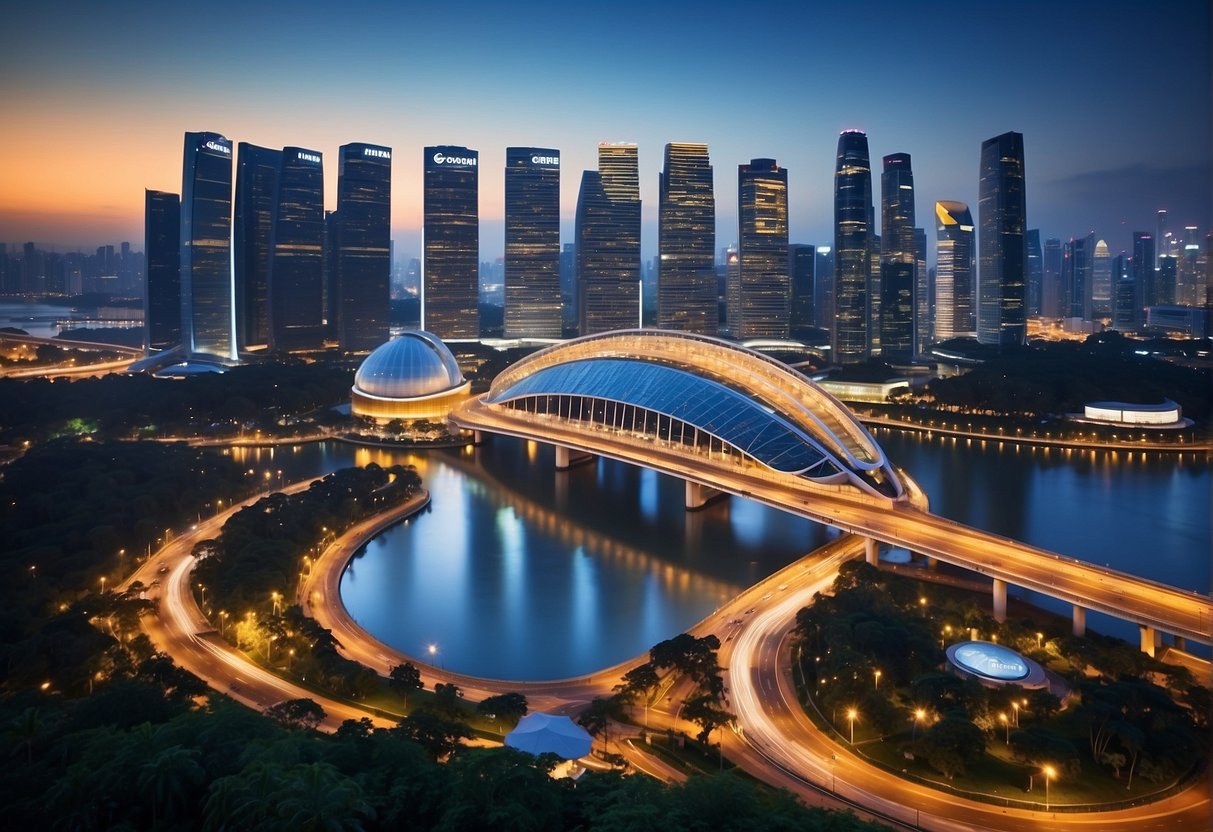 A vibrant cityscape with iconic Singapore landmarks, featuring Grohe promotions displayed on billboards and digital screens