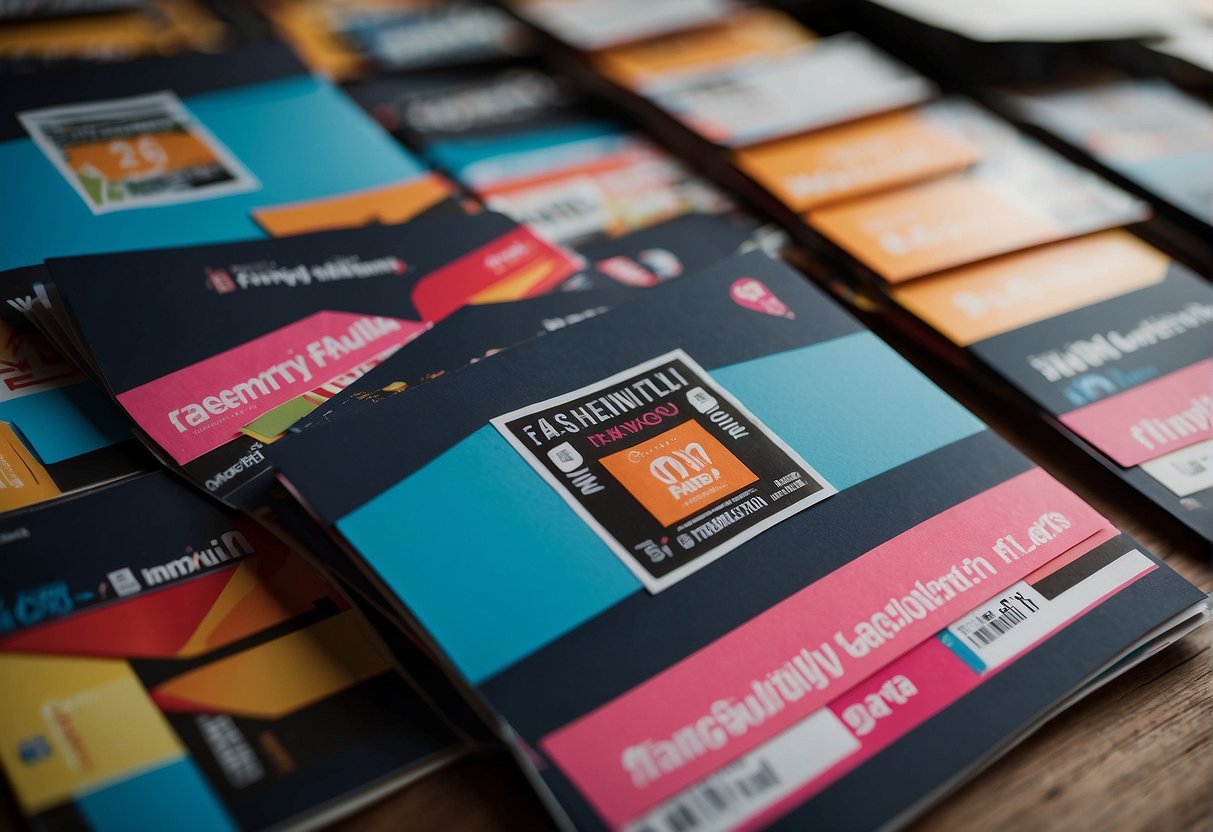 A stack of promotional flyers with the FashionValet logo, surrounded by colorful discount stickers and a banner with "Frequently Asked Questions" in bold letters