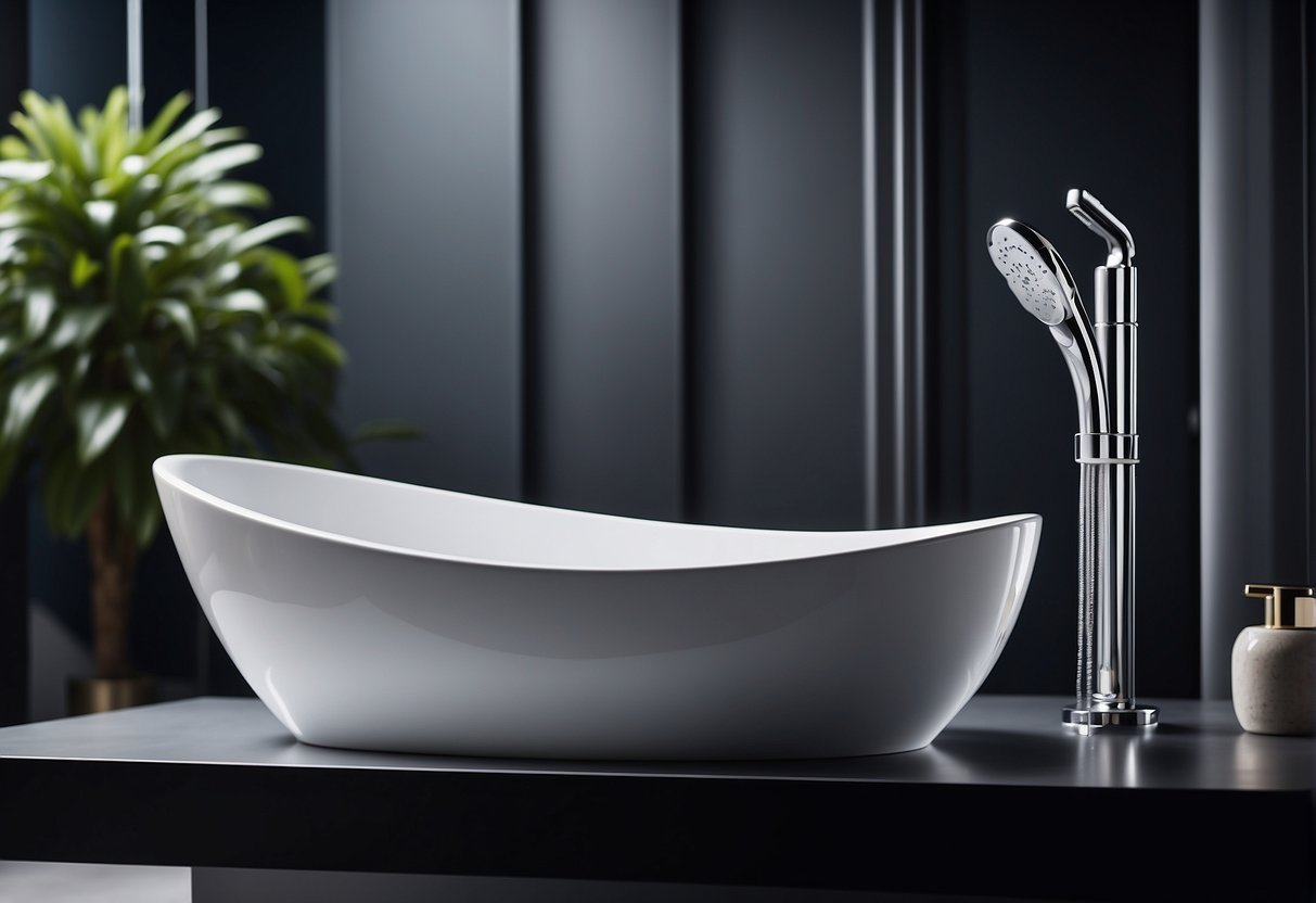 A luxurious bathroom setting with a sleek Grohe faucet and shower system, surrounded by modern fixtures and elegant decor