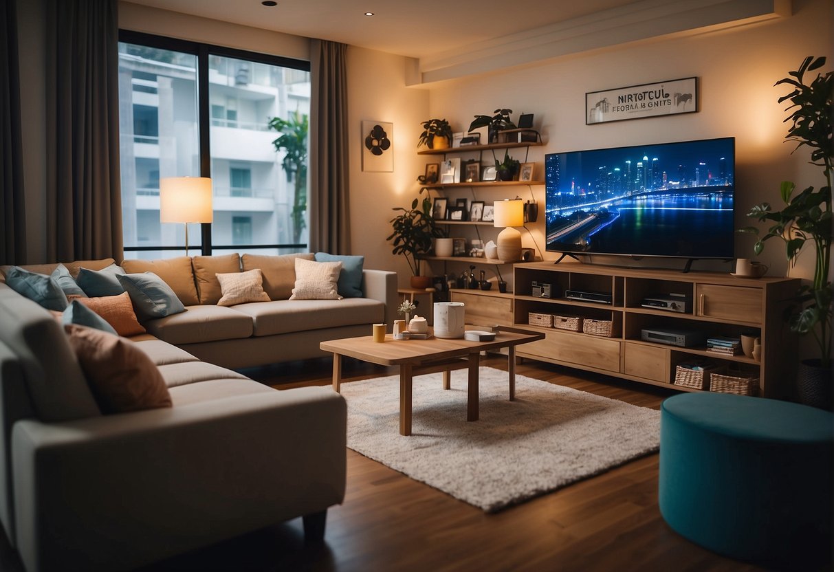 A cozy living room with essential home items on display, surrounded by promotional banners and signs from NTUC in Singapore