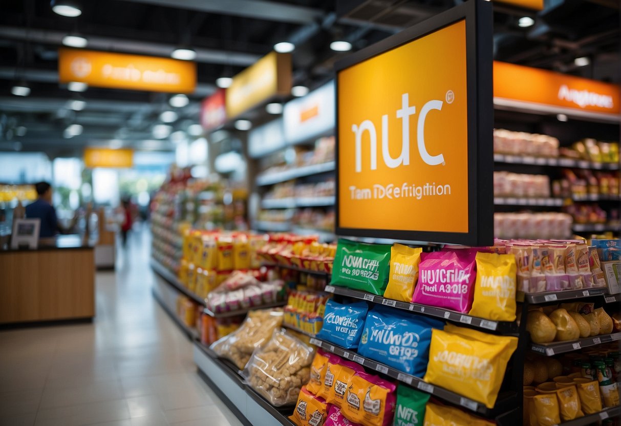 A colorful display of NTUC promotions in Singapore, with eye-catching signage and product showcases