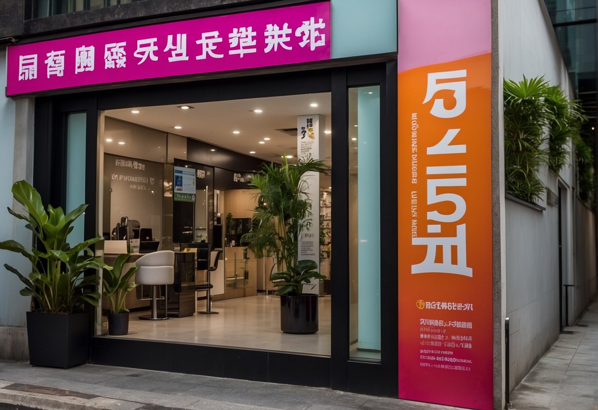 A salon sign advertises "Hair Perm Promotions" in Singapore. Bright colors and bold text catch the eye of passersby