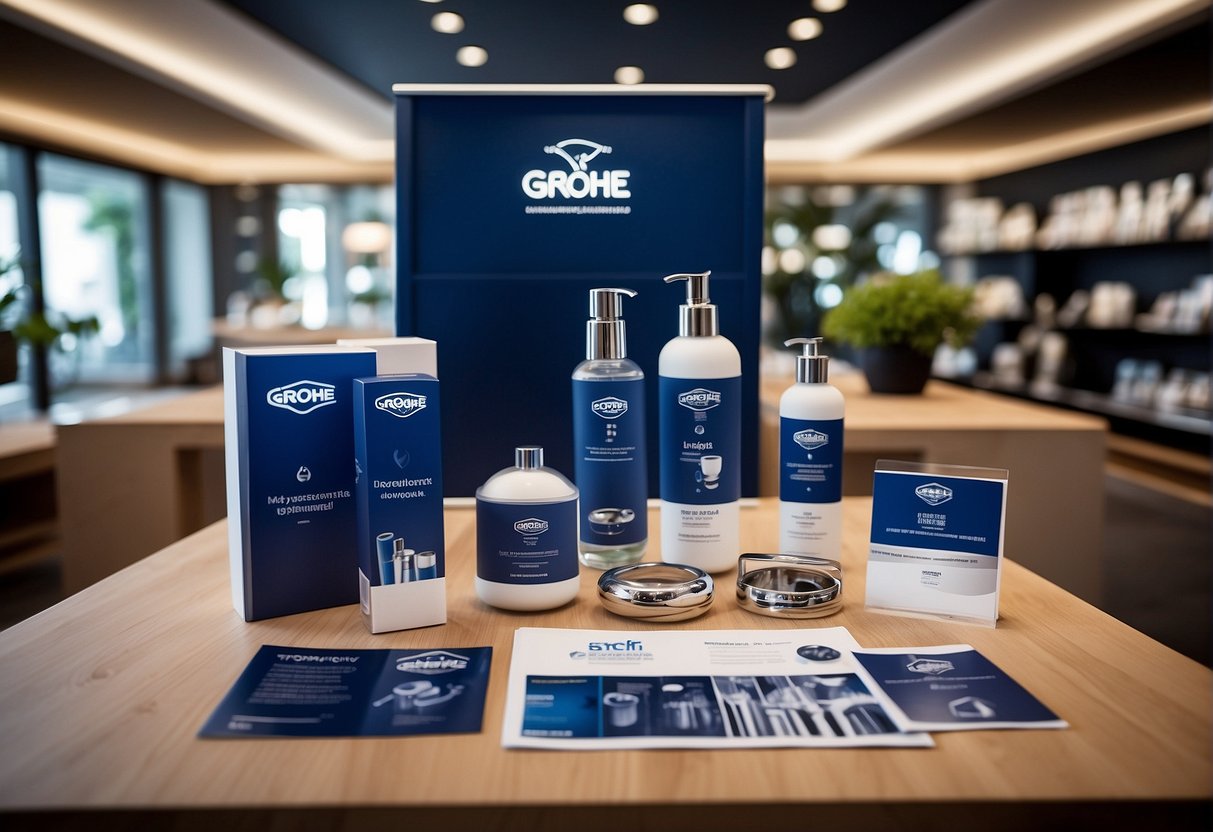A display of Grohe promotional materials in a Singapore setting, with banners, product samples, and informational brochures arranged neatly on a table