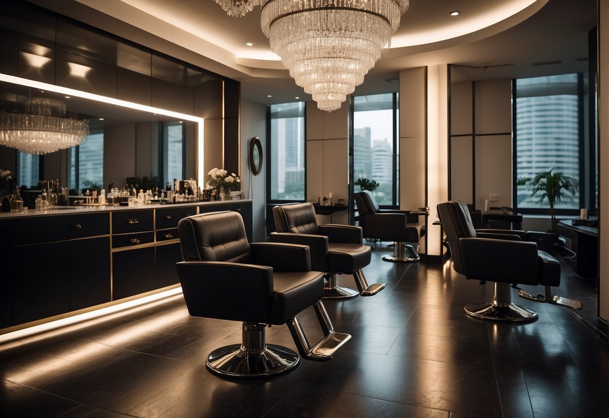 A luxurious salon in Singapore showcases exclusive 2024 promotions for hair perms, featuring elegant displays and sophisticated branding