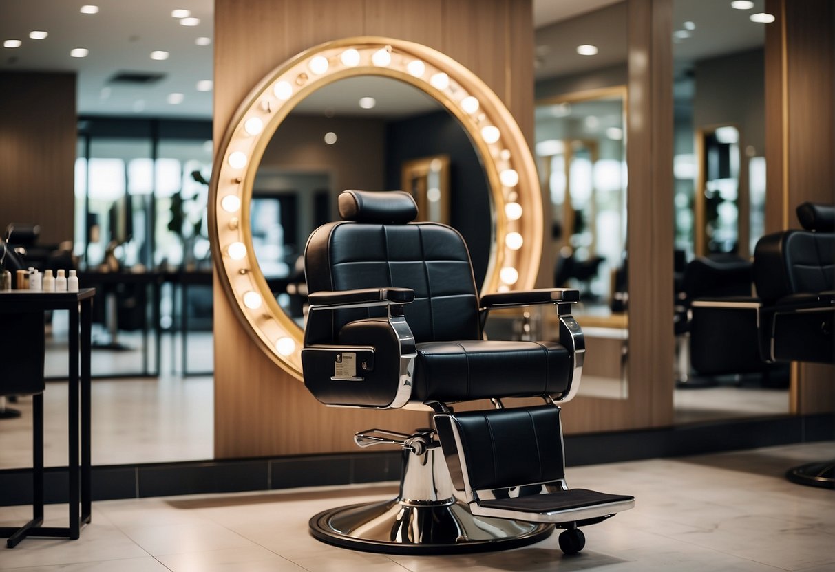 A salon chair with hair products on display, a mirror, and a promotional sign for hair services in Singapore