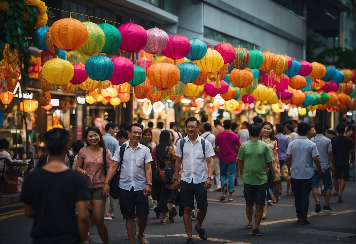 Colorful banners and festive decorations adorn the streets of Singapore, showcasing Hari Raya promotions. The vibrant displays attract crowds of shoppers eager to take advantage of the holiday deals
