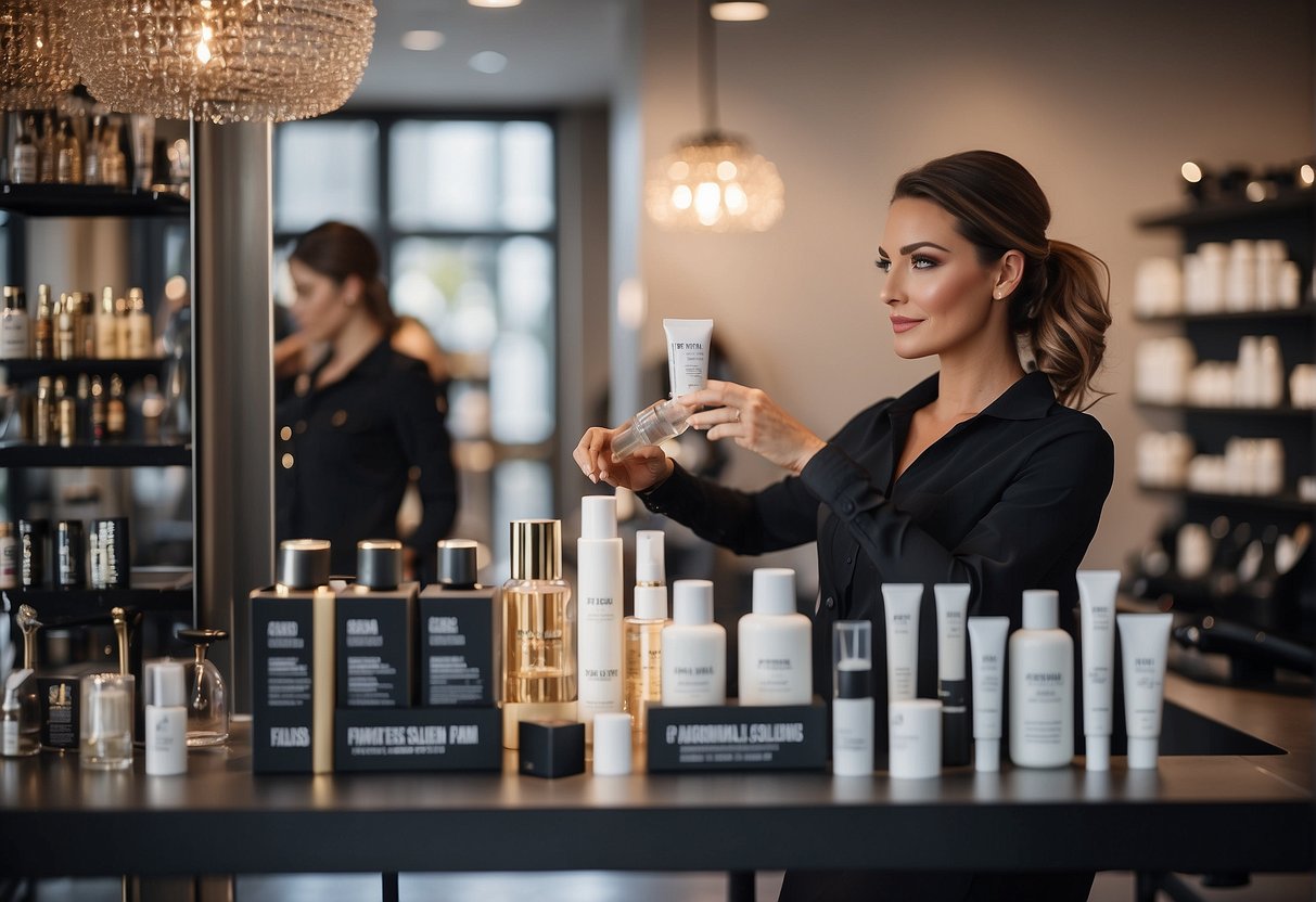 A stylist carefully selects perm solutions from a shelf, surrounded by promotional signs and products in a modern salon setting