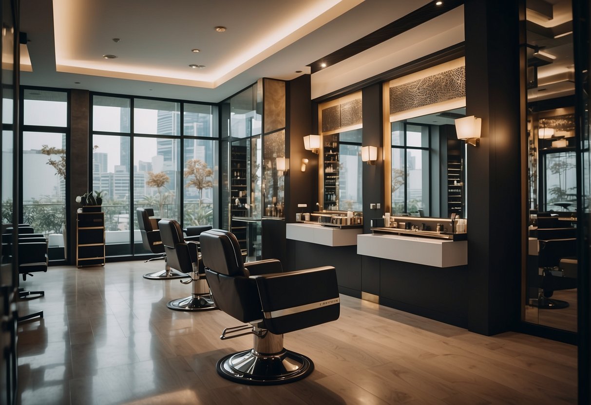 A luxurious hair salon in Singapore showcases its exclusive promotions with elegant signage and stylish decor