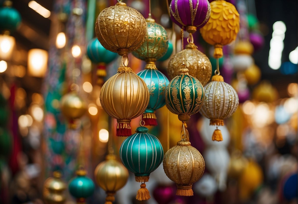 A festive display of traditional Malay decorations and colorful Raya promotions in a bustling Singapore market