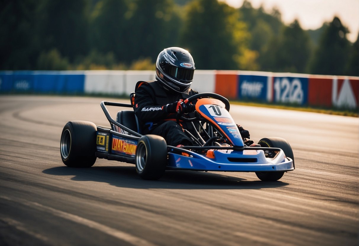 A go kart speeding around a track with vibrant promotional banners in the background