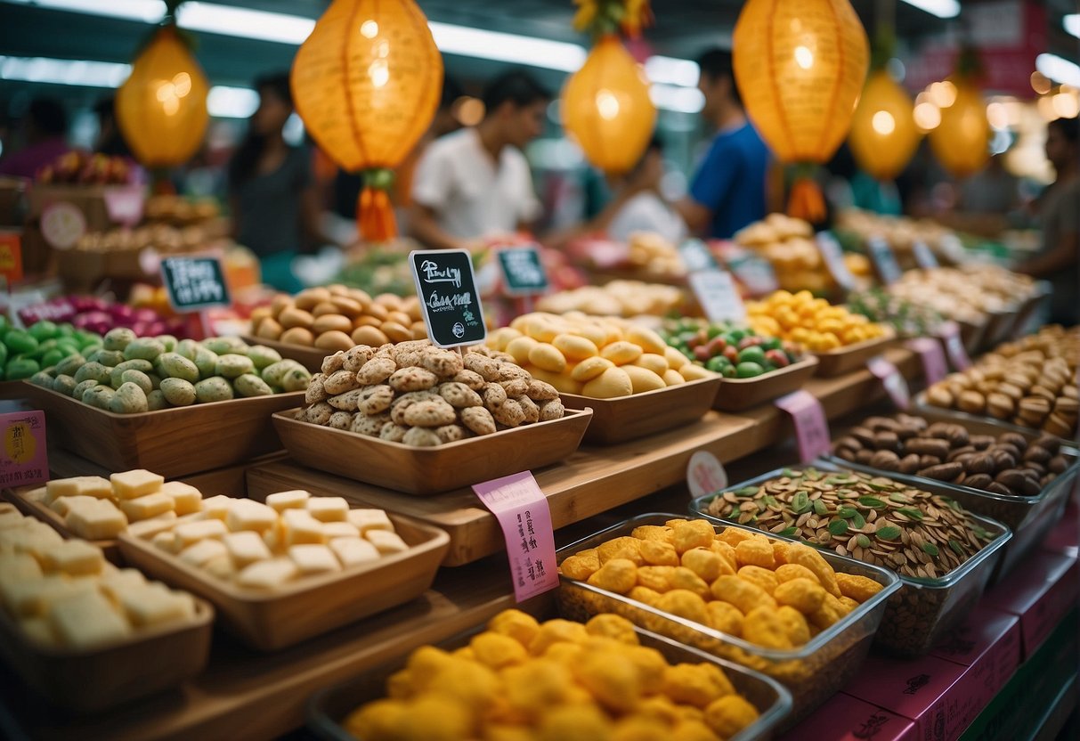 A colorful display of Raya Delightful Treats products with festive decorations and promotional signs in a bustling Singapore market