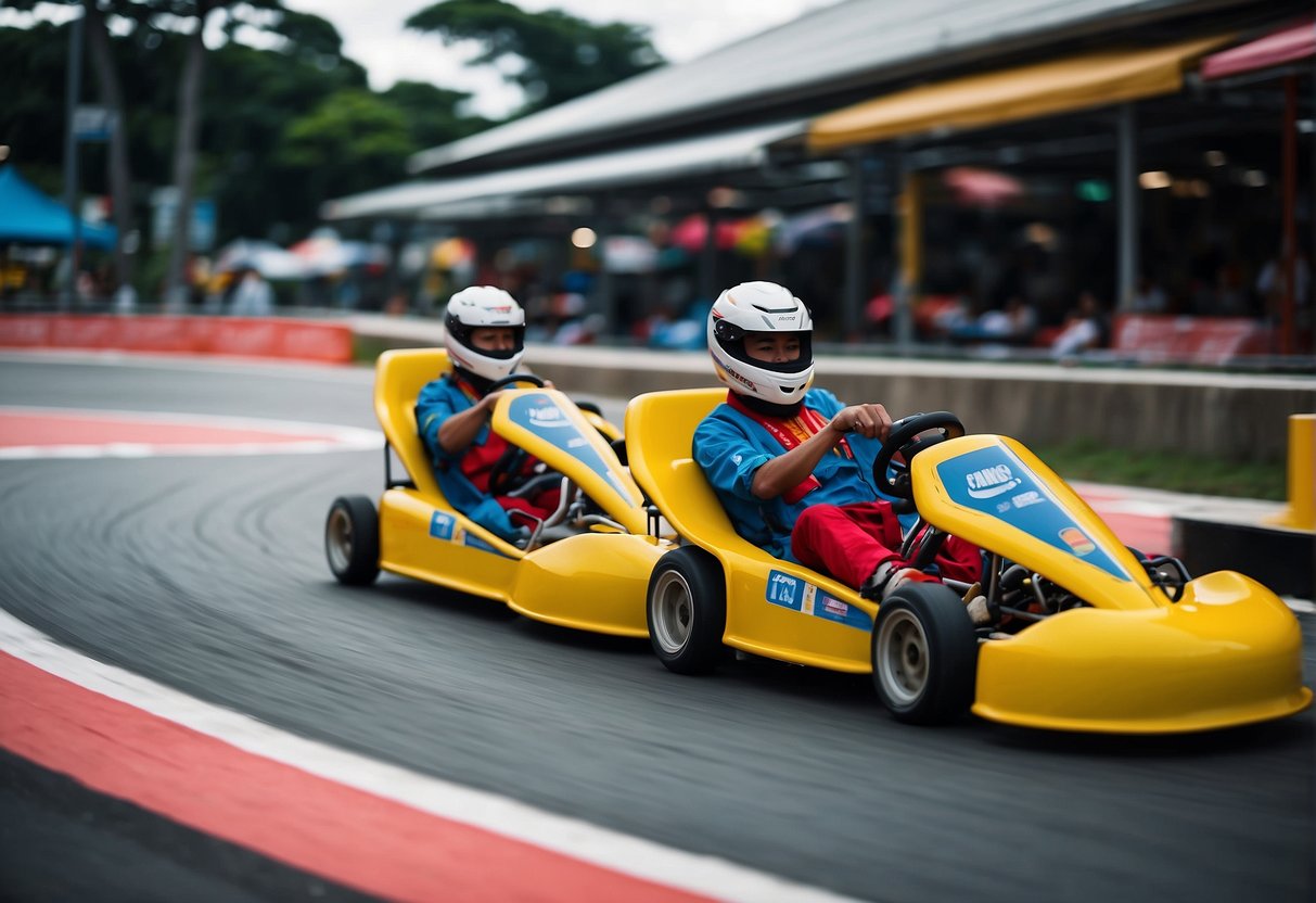 Brightly colored go-karts race around a twisting track, with banners promoting the latest promotions in Singapore