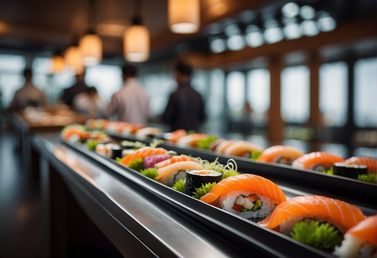 Colorful sushi conveyor belt with plates of fresh, vibrant sushi. Customers eagerly grabbing plates as they pass by. Bright, modern interior with lively atmosphere