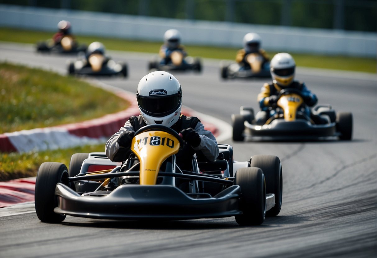 Racers speed around the track, tires screeching as they navigate sharp turns. The smell of burning rubber fills the air as the thrill of go-karting takes over