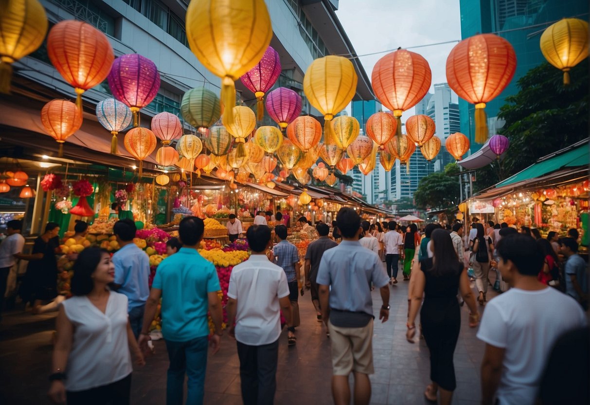 A vibrant display of Hari Raya promotions in Singapore, featuring colorful banners, festive decorations, and special offers