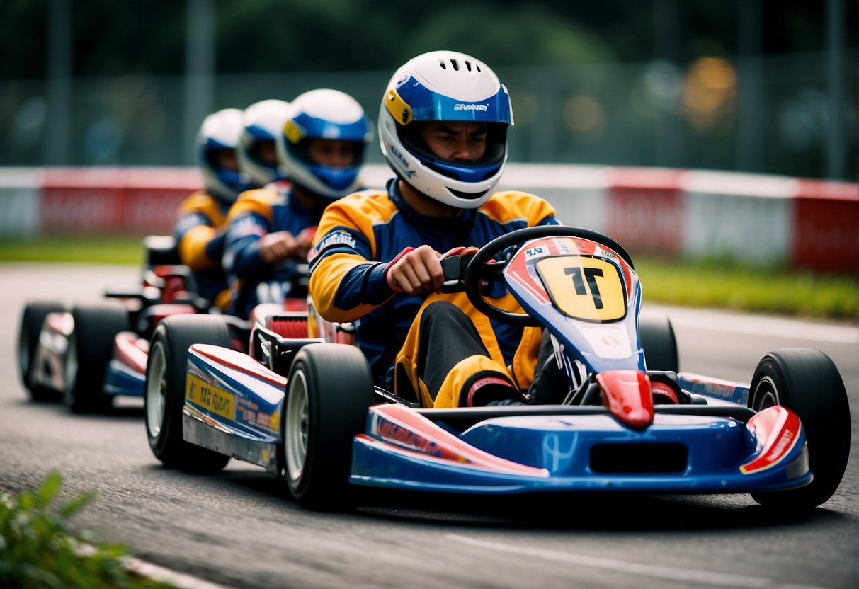 People enjoying go kart promotions in Singapore, with colorful karts racing around a track, and excited spectators cheering from the sidelines