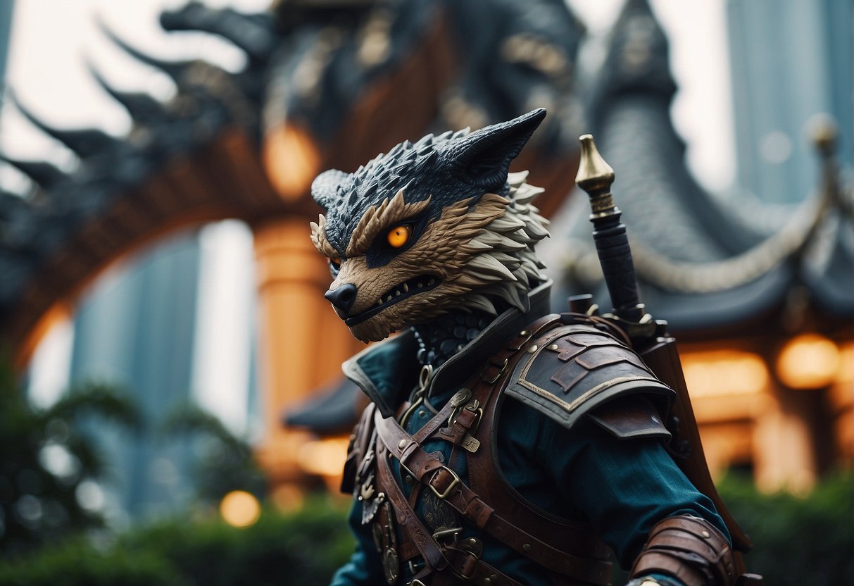 A fierce monster hunter brandishing a weapon in front of a backdrop featuring iconic Singaporean landmarks