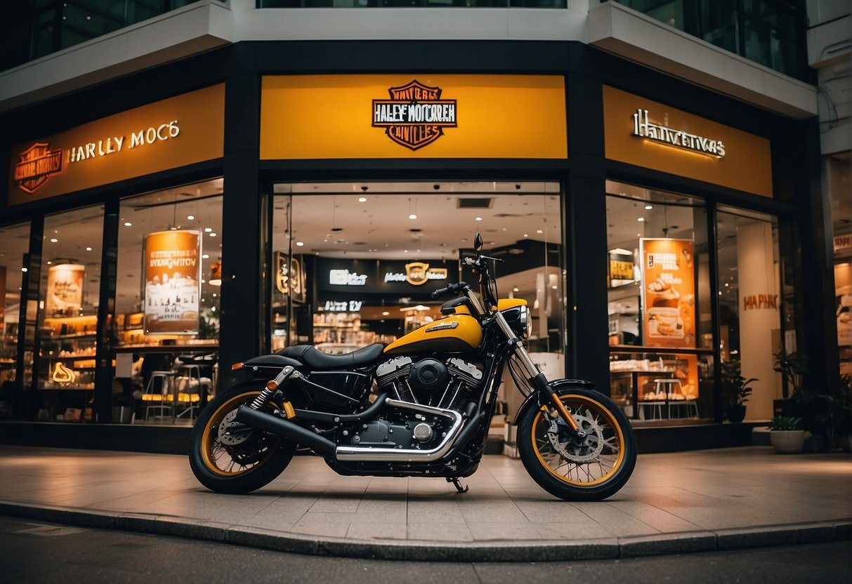 Colorful banners and signs adorn the storefront, featuring enticing promotions for Harley motorcycles in Singapore. The vibrant display catches the attention of passersby