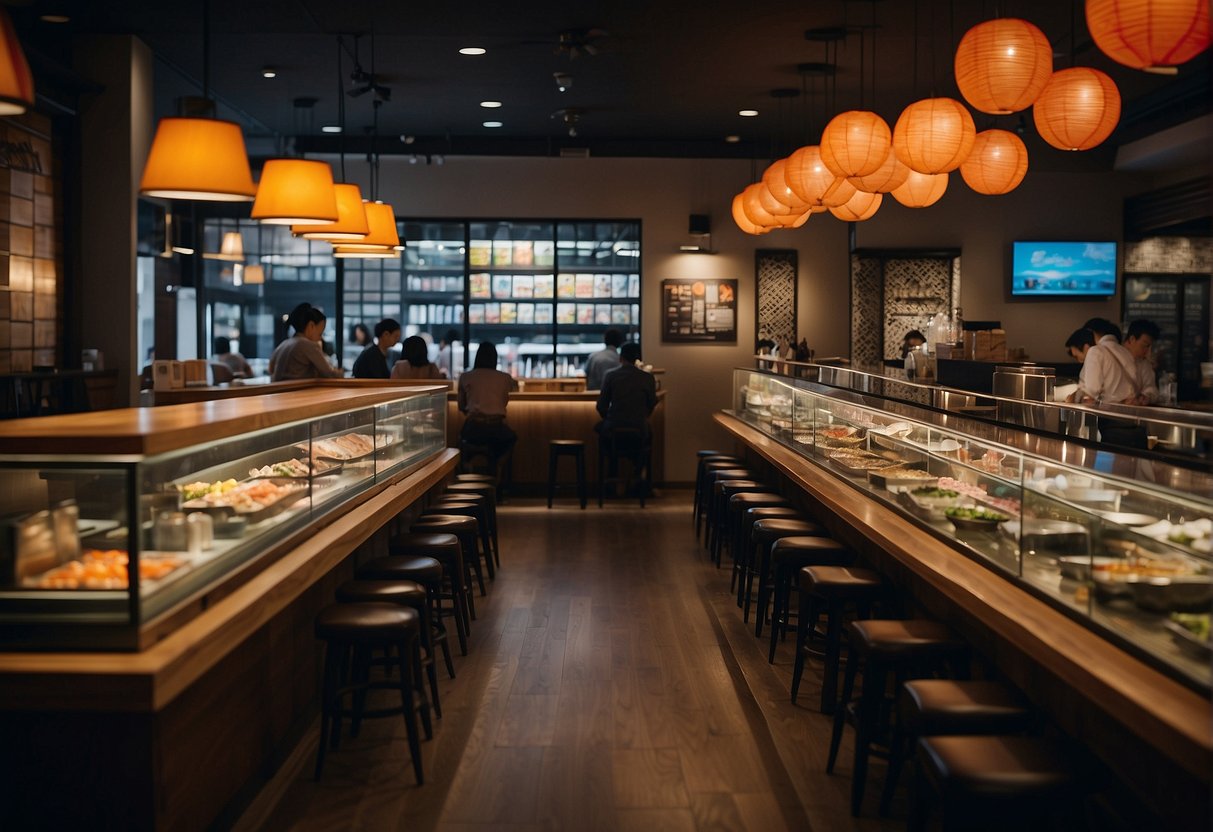 A bustling sushi restaurant with bright, colorful promotions displayed on the walls and tables. Customers eagerly scanning the FAQ section for deals and discounts