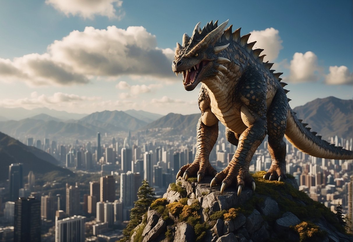 A fierce monster stands atop a mountain, roaring as it overlooks a bustling city below, with promotional banners and signs for the latest Monster Hunter game displayed prominently