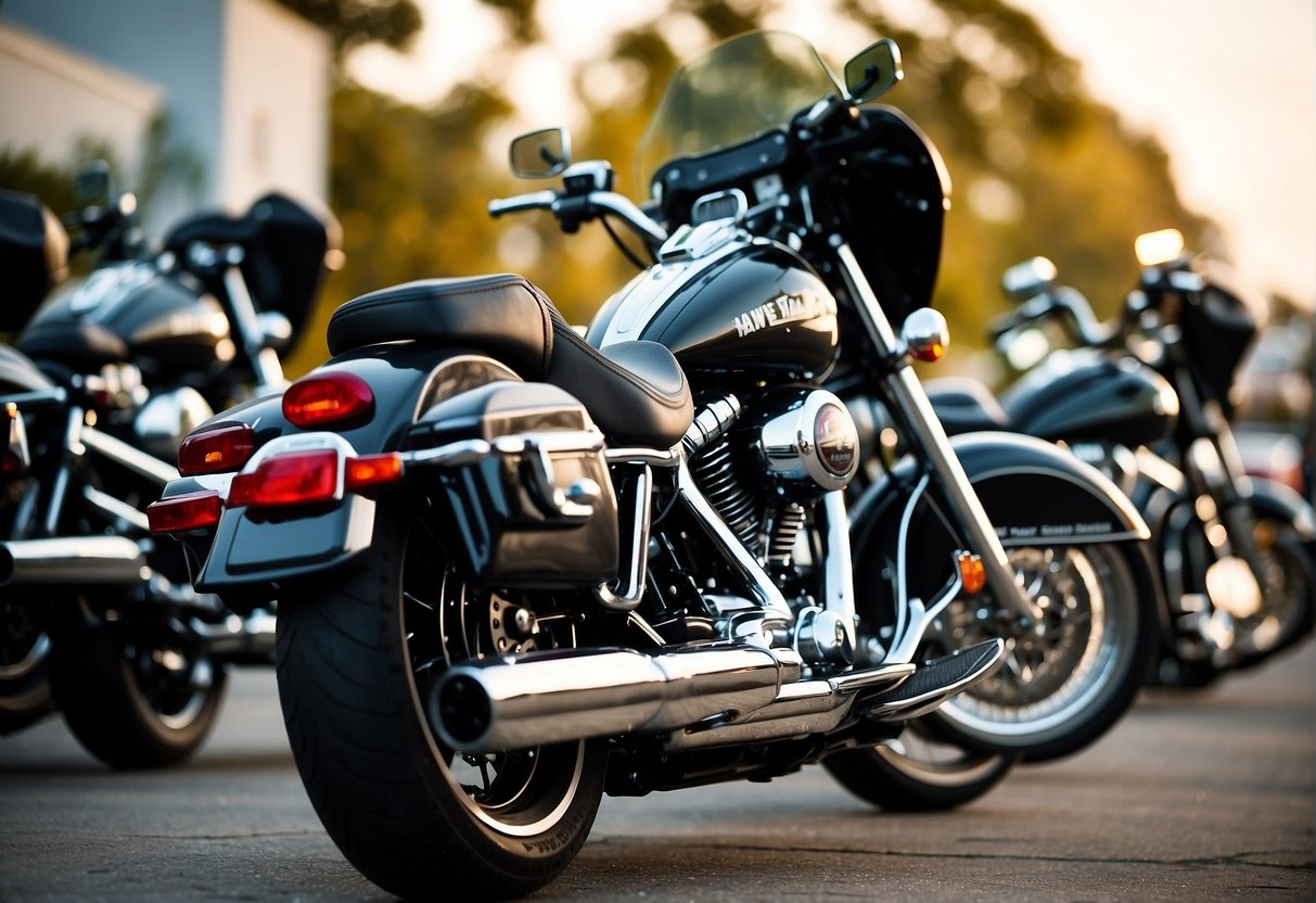 A group of Harley-Davidson motorcycles parked in a row, with a banner displaying "Exclusive 2024 Promotions for Harley-Davidson Enthusiasts" in the background