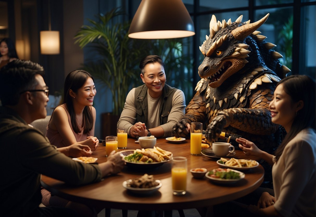 A group of diverse characters gather around a table, discussing and planning exciting collaborations and community events for monster hunter promotions in Singapore