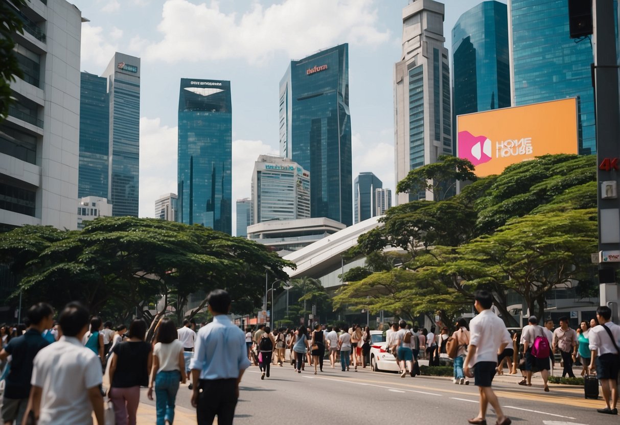 A bustling city street with bright, colorful signs advertising home hub promotions in Singapore. The skyline looms in the background, and people are seen walking and exploring the area