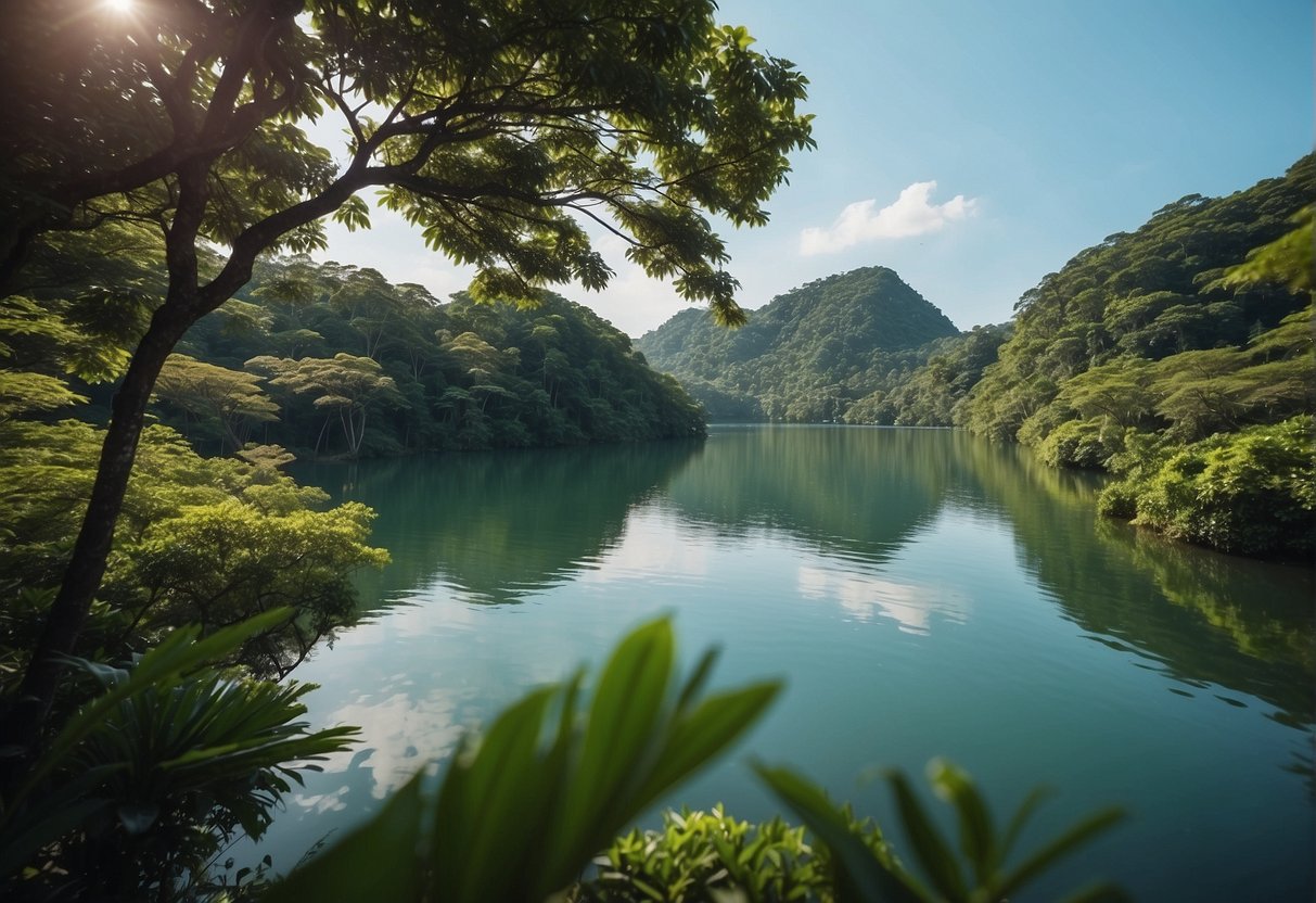 Lush green landscape with vibrant flora and fauna, clear blue skies, and a serene water body, showcasing the beauty of Natureland Promotions Singapore