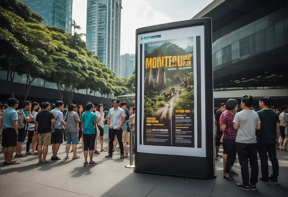 A group of people lining up at a promotional booth for monster hunting in Singapore, with banners and posters displaying frequently asked questions about the event