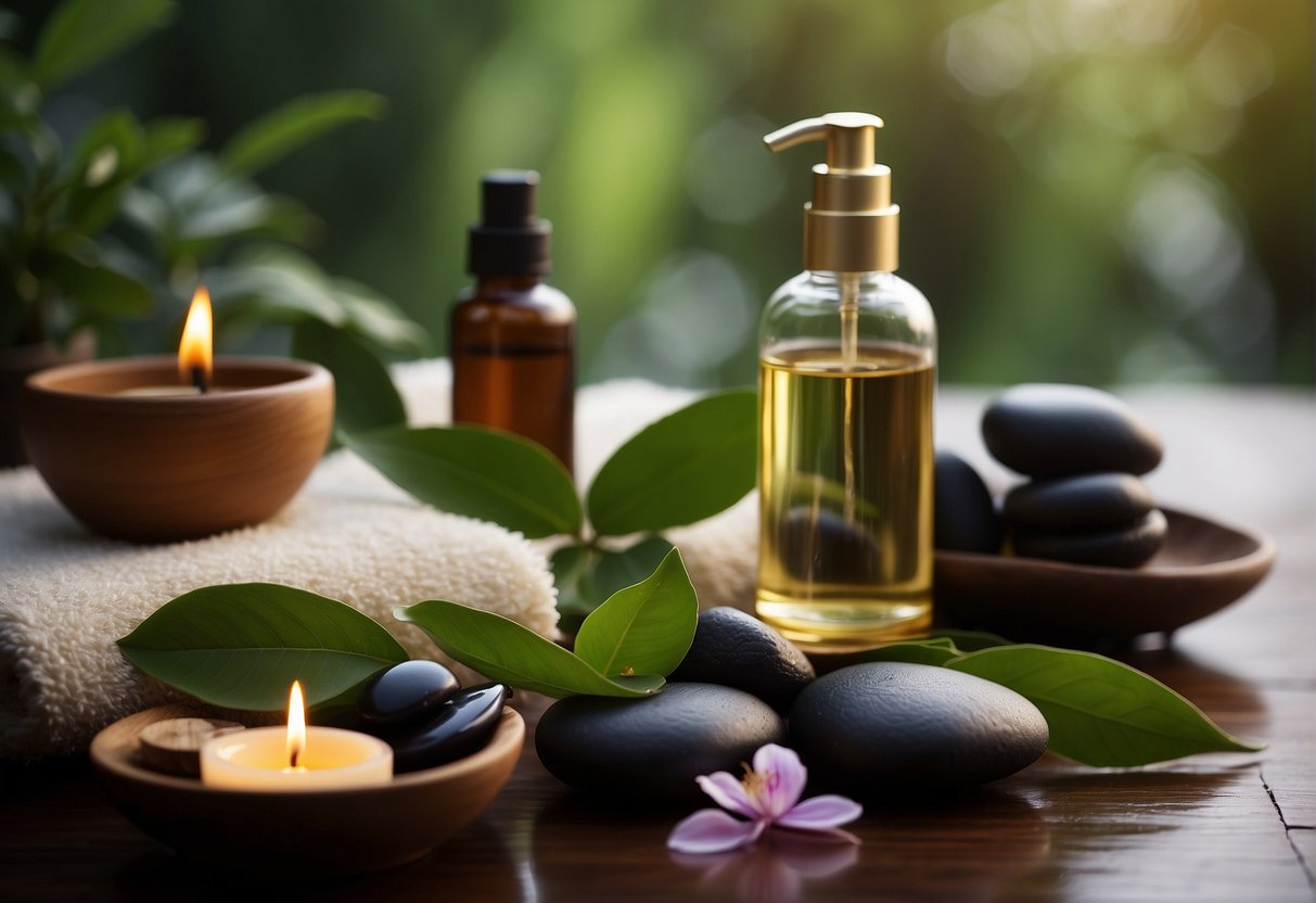 A tranquil spa setting with lush greenery, flowing water, and serene ambiance. A massage table and aromatic oils create a relaxing atmosphere