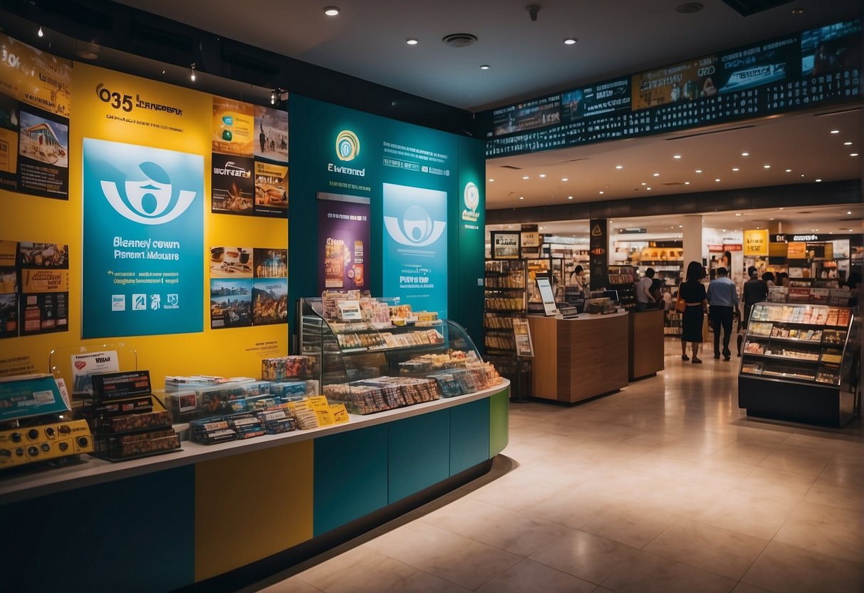 A vibrant display of various promotional materials and signage at a bustling home hub in Singapore