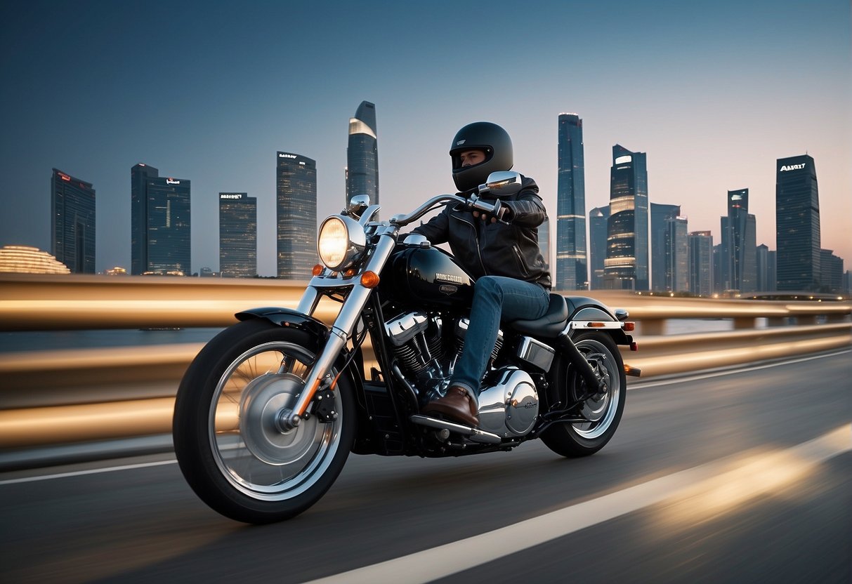 A Harley motorcycle cruising along the Marina Bay area, with the city skyline in the background and the iconic Marina Bay Sands hotel towering over the scene