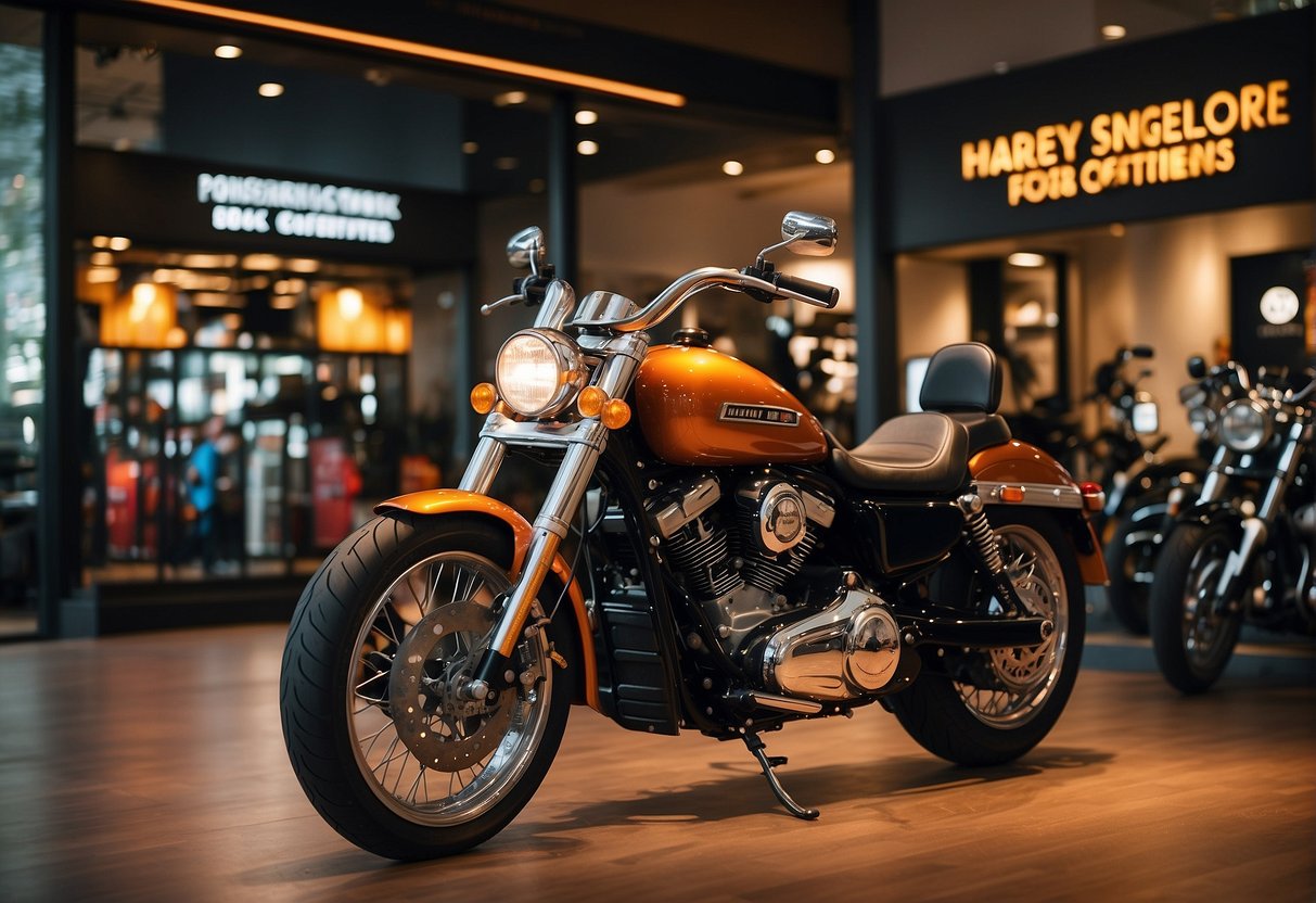 A colorful display of Harley Singapore promotions with bold text and eye-catching graphics