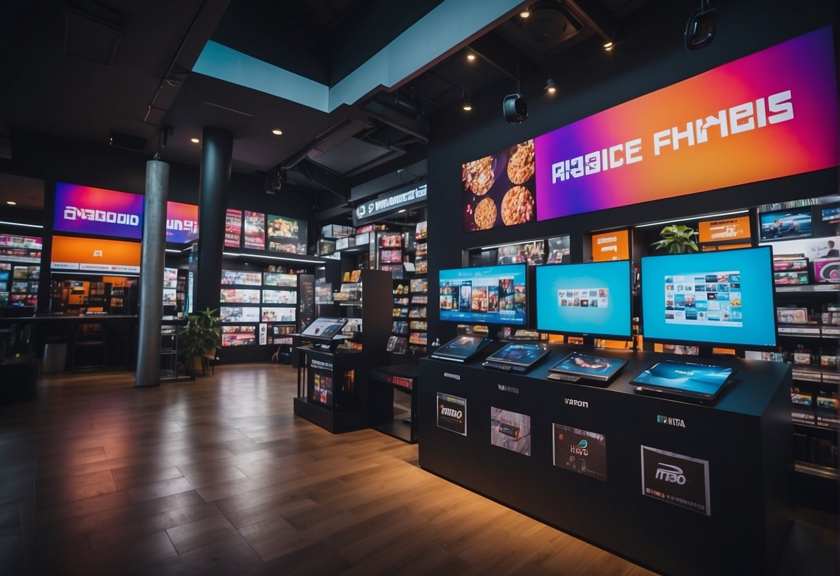 A vibrant digital storefront with tech and gaming products on display, surrounded by promotional banners and signs, set in a bustling home hub in Singapore