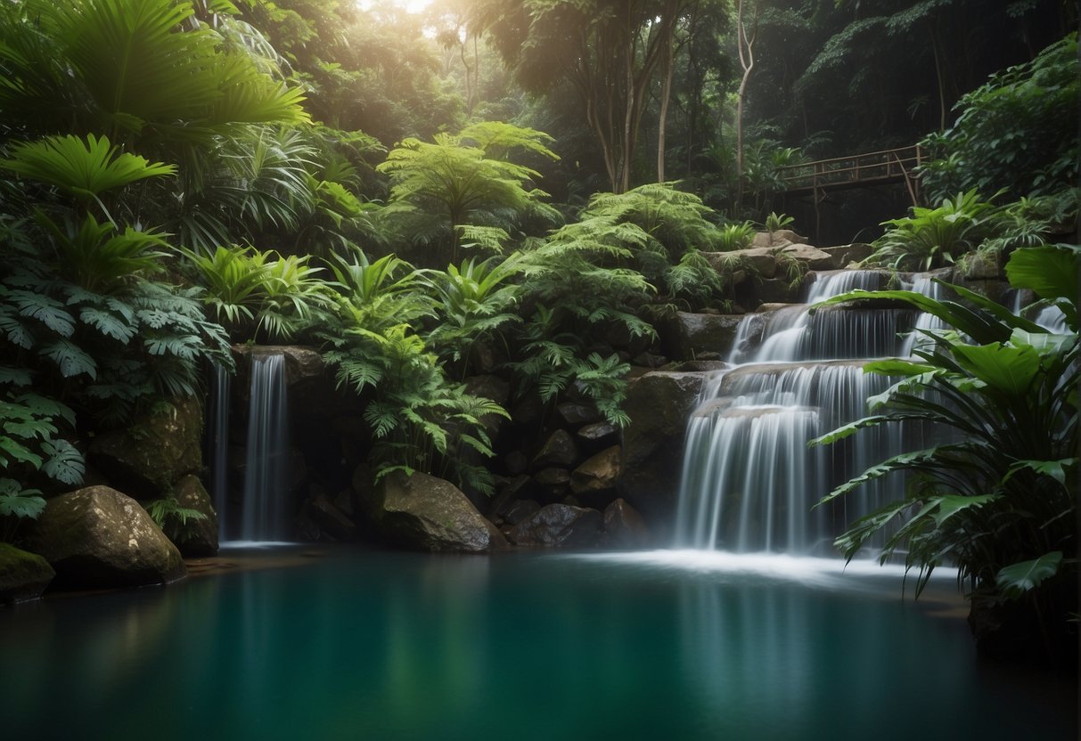 Lush greenery surrounds a tranquil spa with a cascading waterfall and a serene pond. A sign advertises exclusive promotions for Natureland in Singapore