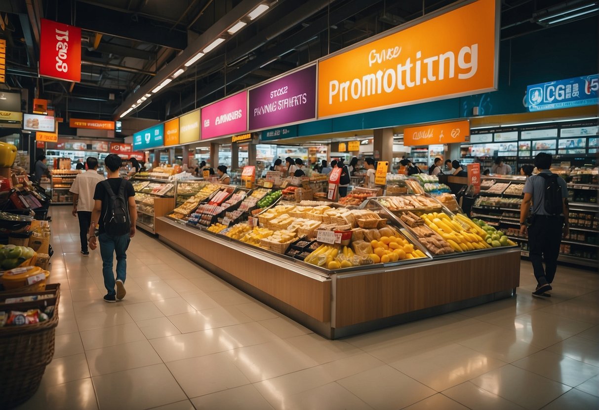 Colorful banners and signs advertising grocery promotions in Singapore. Bright displays of discounted products and special offers. Busy shoppers browsing the aisles