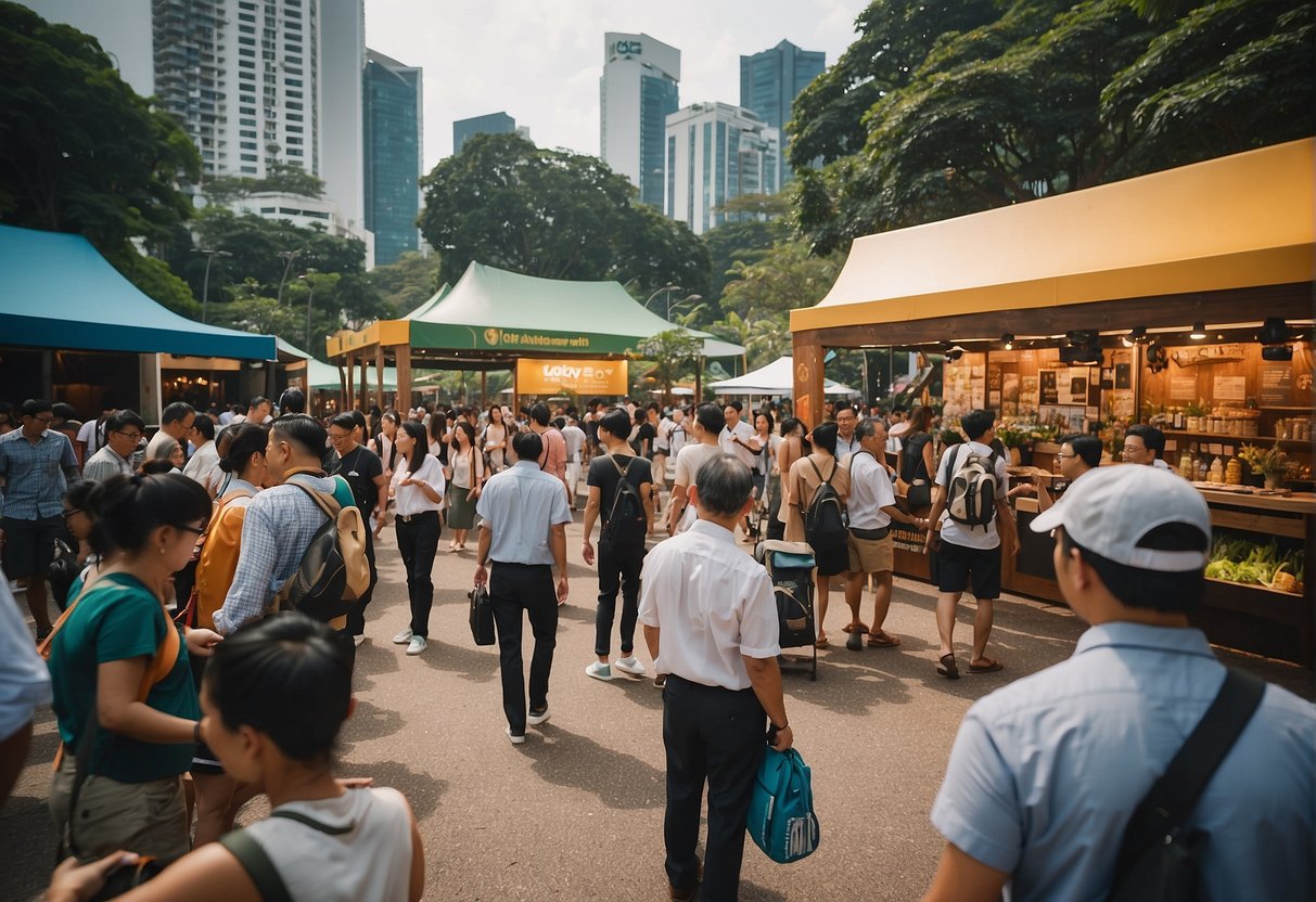 A bustling event with people interacting at Natureland Promotions Singapore. Various booths and activities are set up, with colorful signage and promotional materials on display