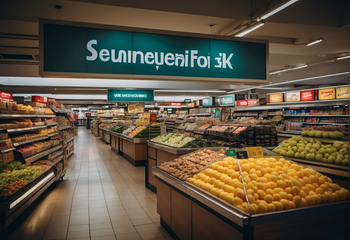 A bustling grocery store with colorful promotional signs and banners displayed throughout the aisles, showcasing the latest promotions in Singapore