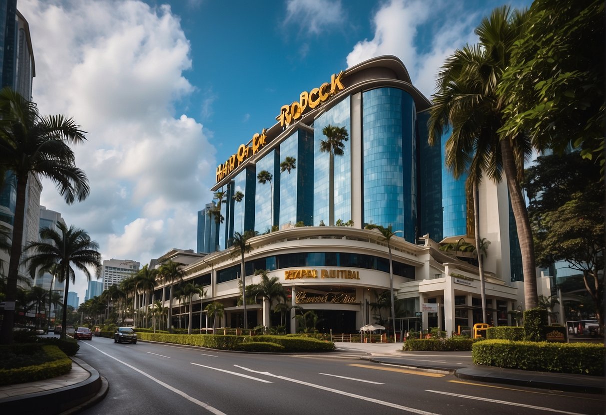 The scene features the iconic Hard Rock Hotel Singapore facade, with vibrant promotional banners and a bustling atmosphere