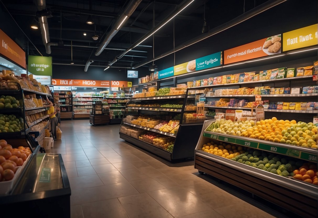 Brightly lit grocery store with colorful promotional banners and signs. Various products displayed on shelves with special offers. Shoppers browsing and selecting items