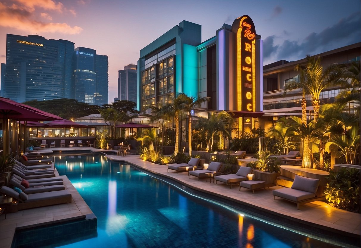 The Hard Rock Hotel Singapore promo features exclusive 2024 promotions. The scene includes a vibrant and energetic atmosphere with bold signage and rock-inspired decor