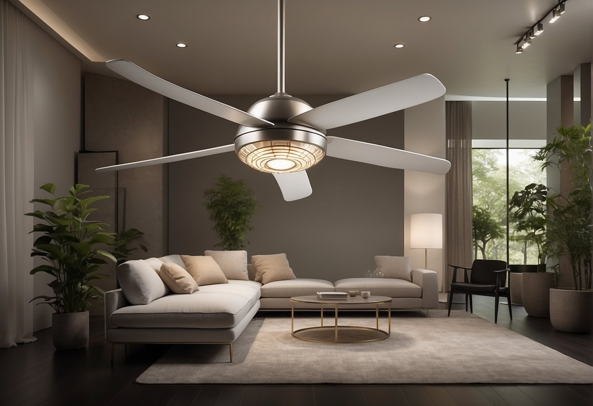 A person admires the Haiku Ceiling Fan Range in a modern showroom, surrounded by sleek and stylish designs. The fans are showcased with elegant lighting and minimalist decor, creating a sense of luxury and sophistication