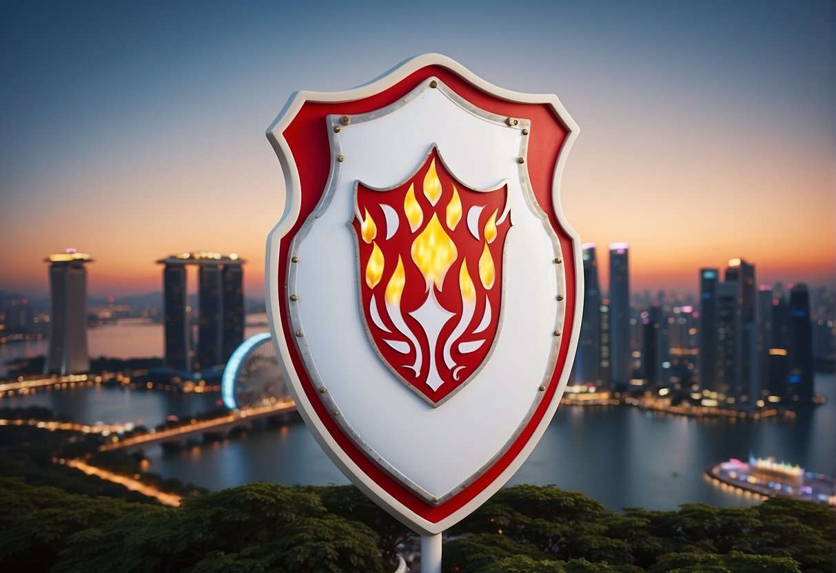 A red and white shield with a flaming design, surrounded by the iconic skyline of Singapore