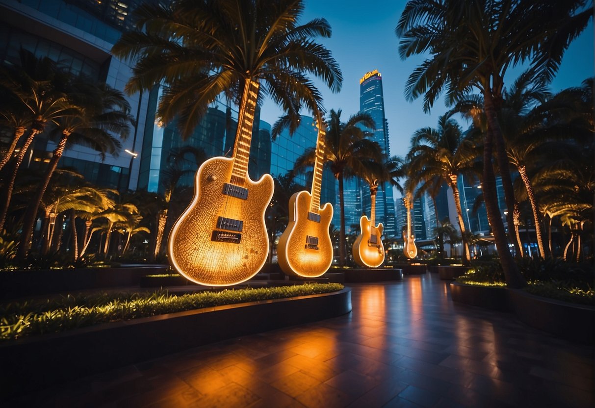 The vibrant lights of Hard Rock Hotel Singapore illuminate the bustling entertainment district, showcasing a lively atmosphere for leisure and excitement
