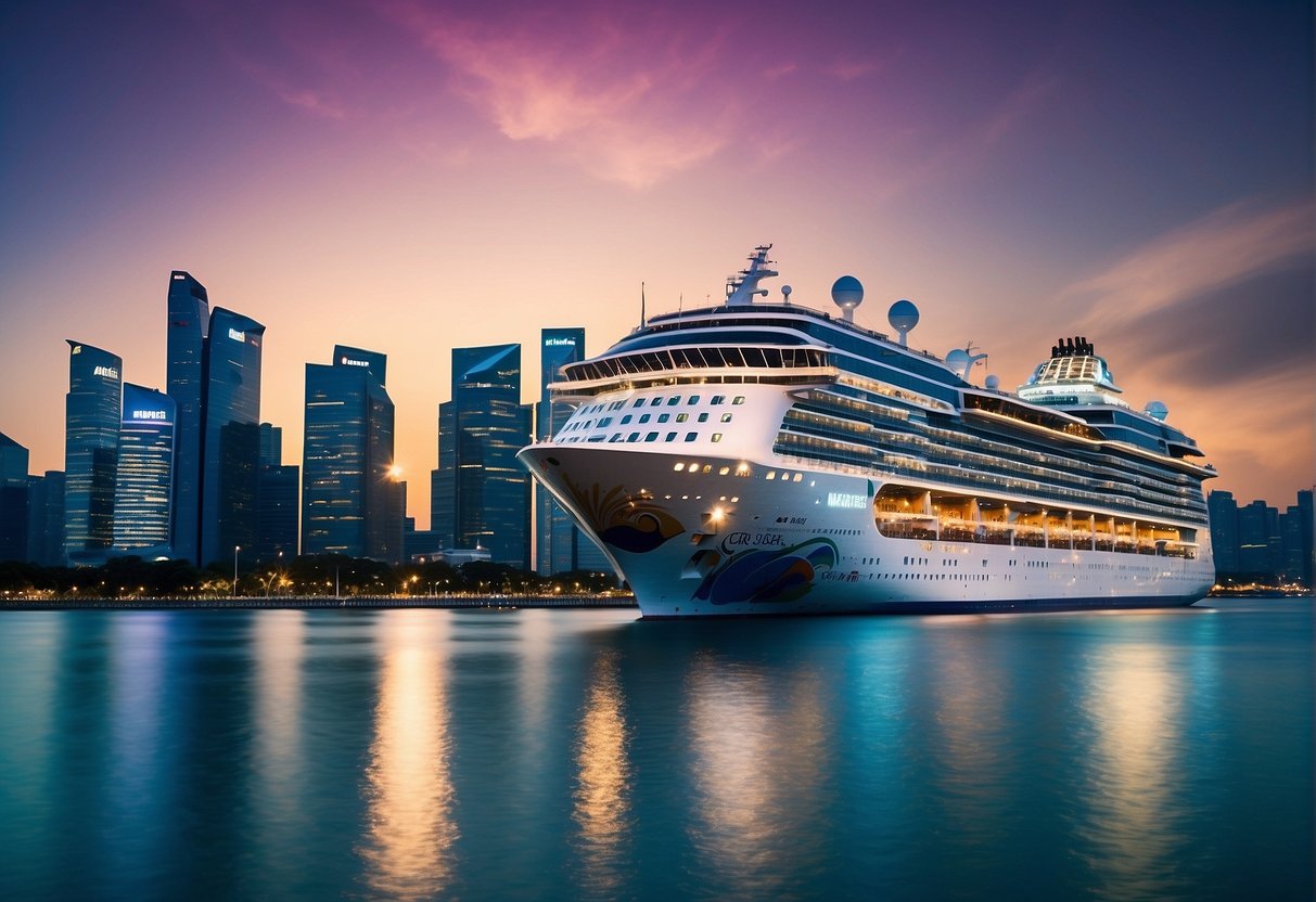 A luxury cruise ship sails through the sparkling waters of Singapore, with the iconic city skyline in the background. The ship is adorned with colorful banners promoting the "Cruise to Nowhere" promotion