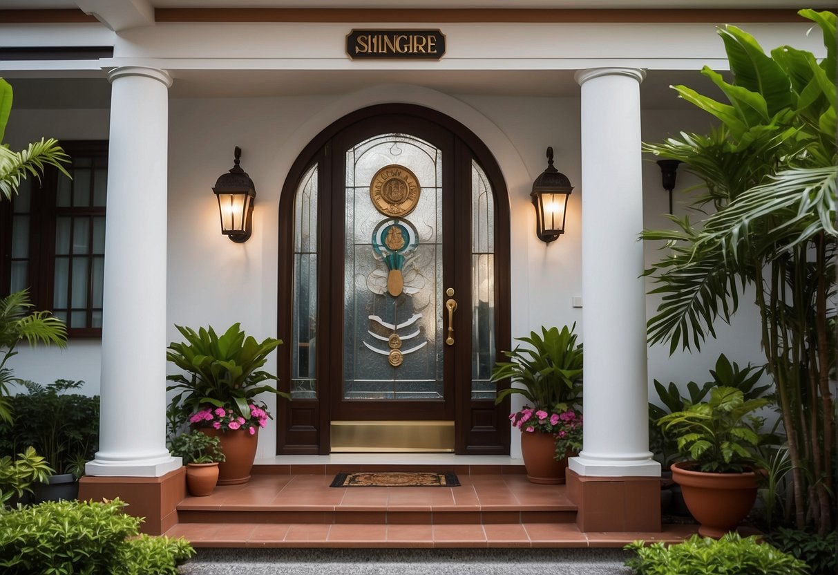 A family home in Singapore with a prominent insurance logo displayed on the front door. Bright colors and a welcoming atmosphere