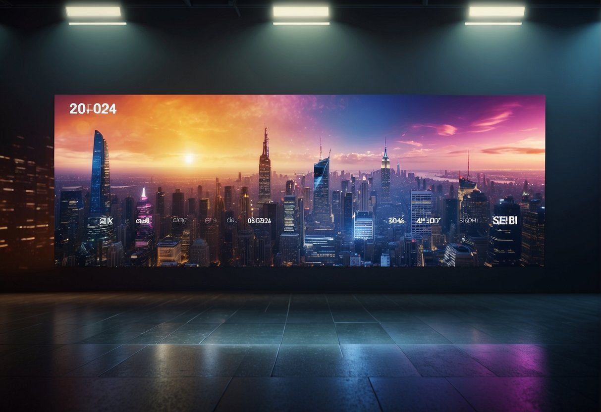 The scene features vibrant promotional banners for 2024, with bold text and eye-catching graphics, creating an atmosphere of excitement and anticipation