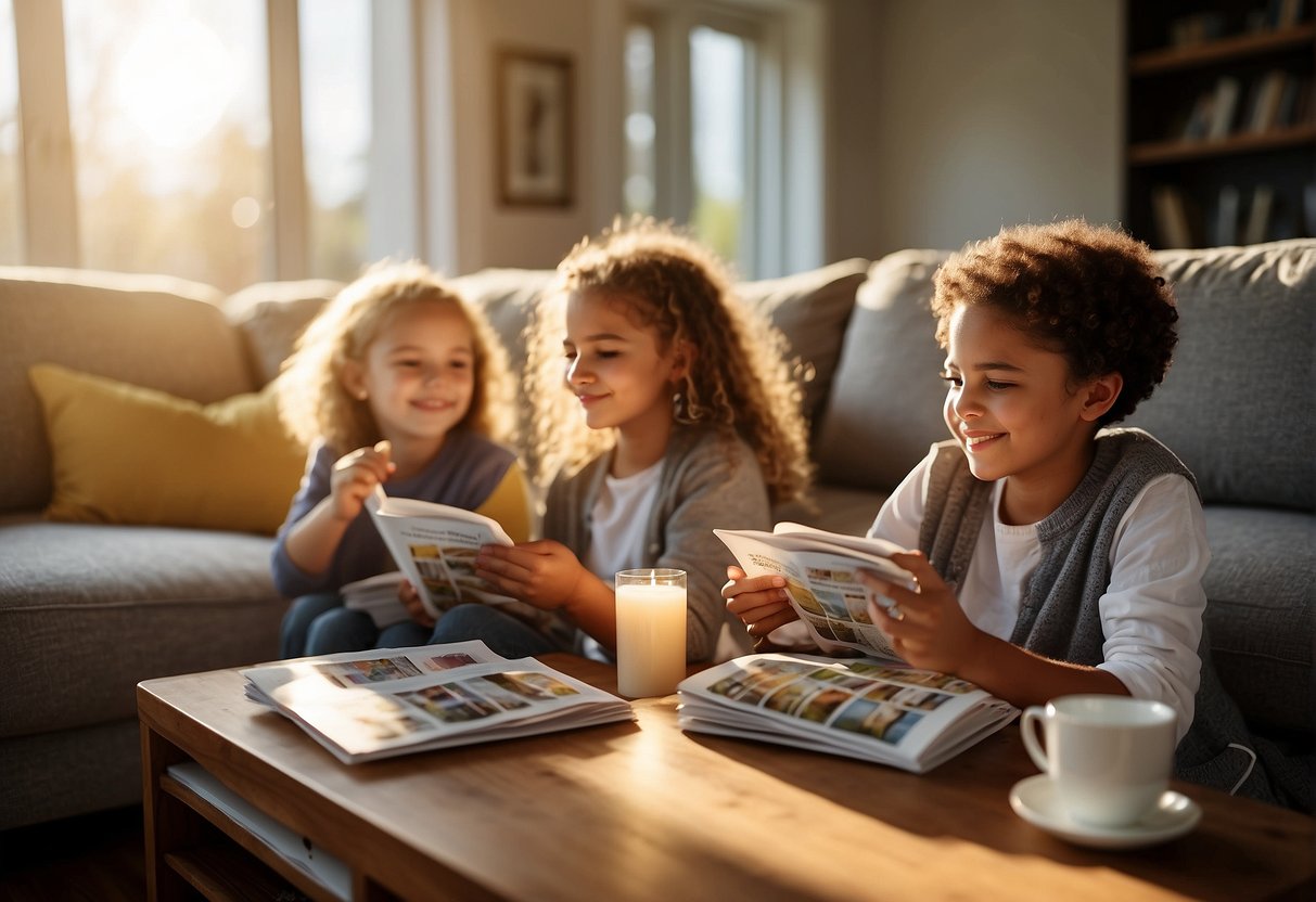 A cozy living room with a family reviewing home insurance brochures and comparing promotions. Bright sunlight streams in through the windows, highlighting the warm and inviting atmosphere