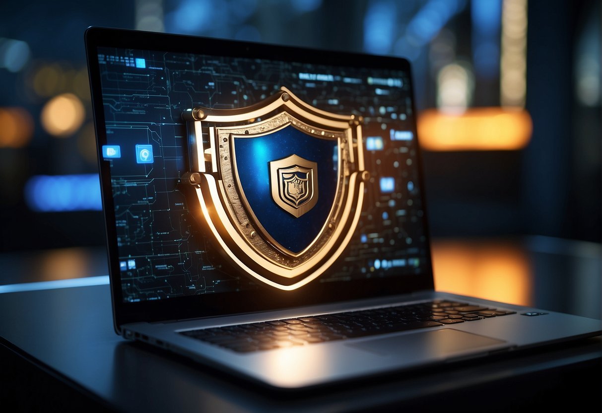 A laptop with a shield emblem glowing, surrounded by virtual network connections and secure lock icons
