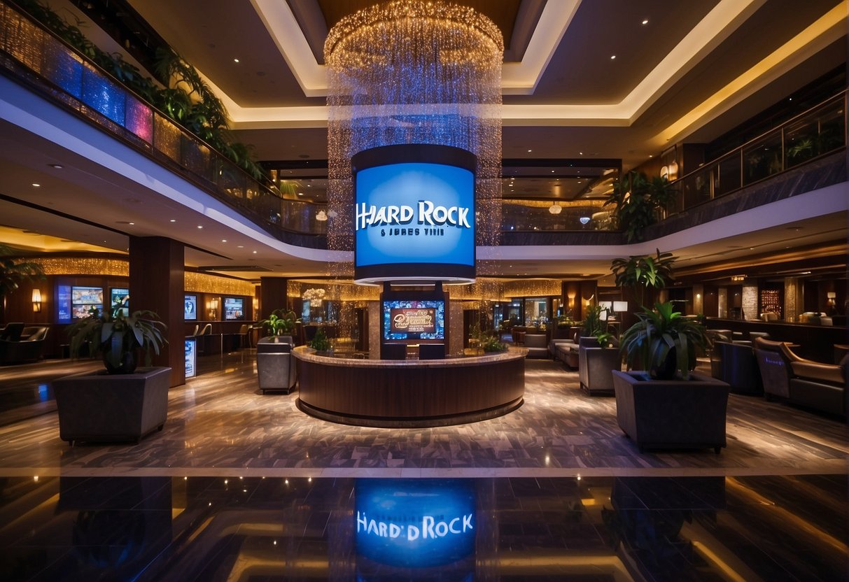 The bustling lobby of Hard Rock Hotel Singapore, with vibrant promotional displays and a sign for "Frequently Asked Questions" prominently featured